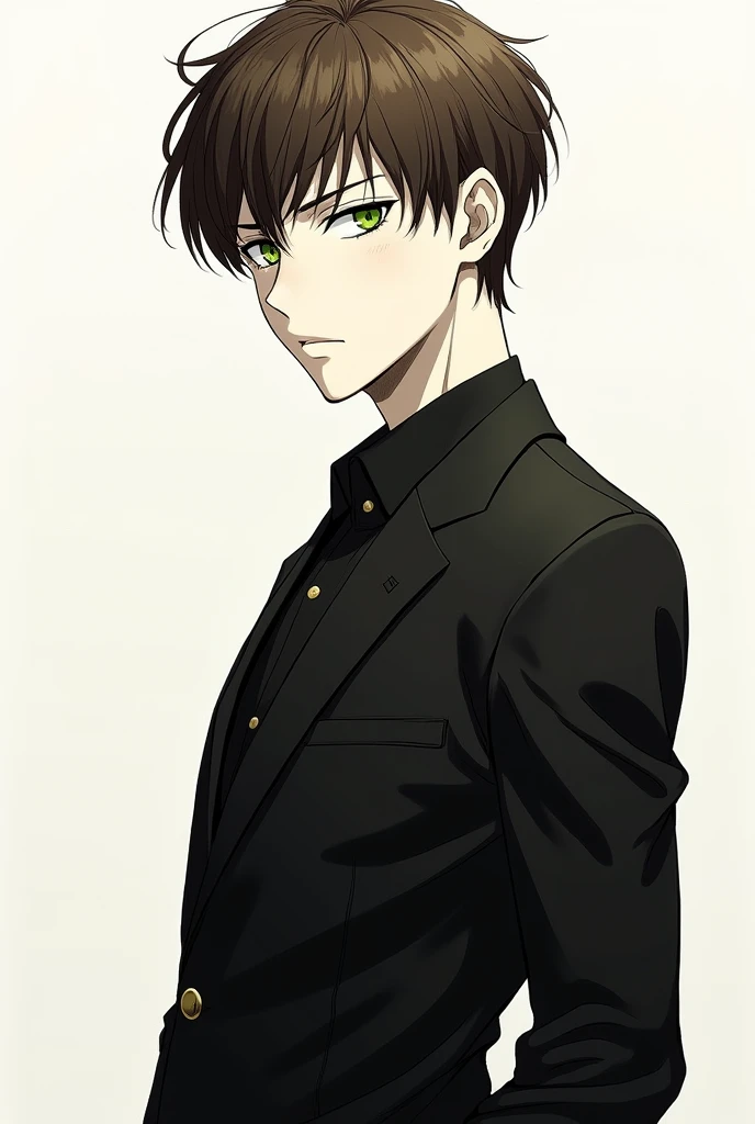 Sketch of an anime man with white skin , short brown hair,  green eyes with an intimidating but sexy look at the same time and wearing a black suit fitted to the body