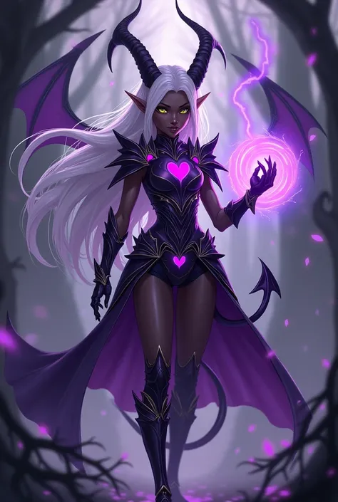 Tanned black skin. Dark elf girl. White hair. Long hair. Heart ahoge. Yellow eyes. Small chest. Clothes: demon horns, demon tail, demon wings , full armor purple Mystic magic purple powder Scenary: dark forest , anime realistic style.