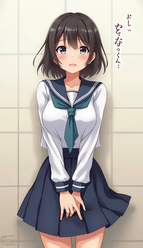 anime, ,medium breast,Beautiful Japanese girl、 (( Women&#39;s Uniform )),Please show me  ,vulgar appearance ,She has an embarrassed face showing her thin pubic hair ,  Dark Blue Pleated Skirt  ,(  curvy body ),  sweated,  face focus ,  oily skin  、Gal、  Yo...