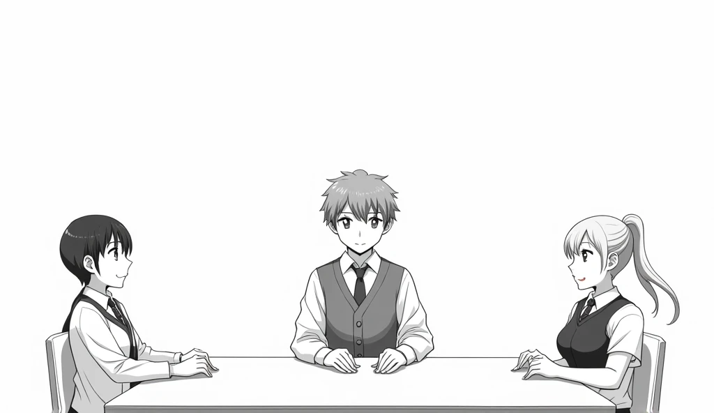 This is a Japanese-style 2D illustration. .  Three students dressed at the same school who appear to be high school students are sitting at a table.  is a male student, a tall young boy, and is sitting looking ahead.  the remaining students on the left and...