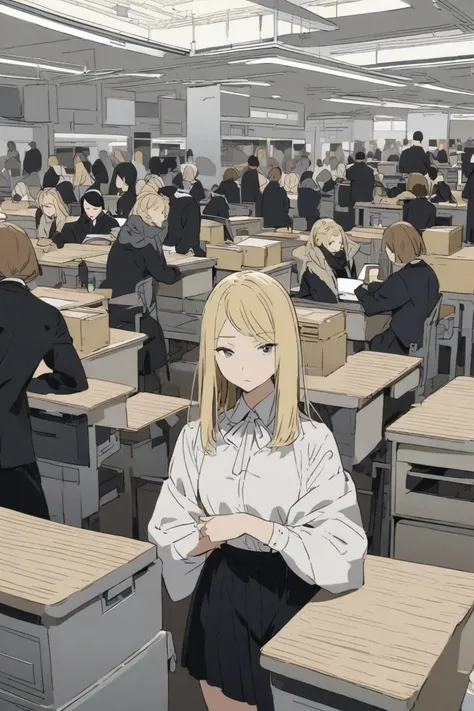 Blonde woman at a desk in the middle of many desks with people,Work, desk, gloomy 