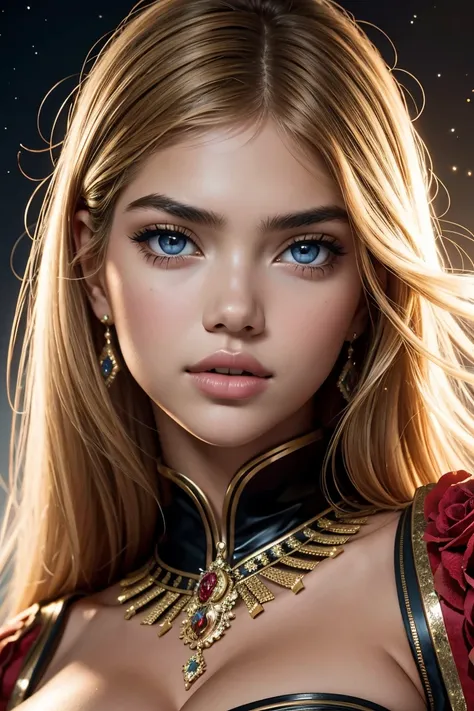 Cute, Ultra-Detailed photography of a beautiful 18 years old woman, Detailed Face (mix of kate upton, adriana lima and rose bertram), wearing star costume wonderful clothes in fabulous fabric. professionally retouched, soft lighting, realistic, smooth face...