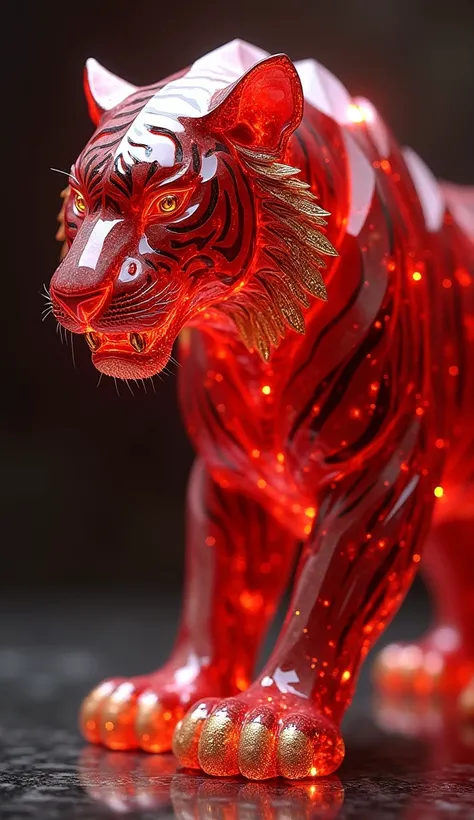 a large solid crystal red gem tiger, extremely detailed, hyper realistic, highly detailed, photorealistic, 8k, ultra detailed, crystal clear, shiny, glossy, reflective, intricate patterns, golden accents, cinematic lighting, dramatic shadows, dramatic ligh...