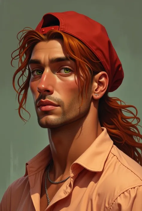  25-year-old male with a burnt complexion , reddish tanned skin ,  with long reddish brown hair wearing a ponytail with an upside-down red cholo cap,  wearing a peach-colored blouse with green eyes with a rough and bulky face Realism