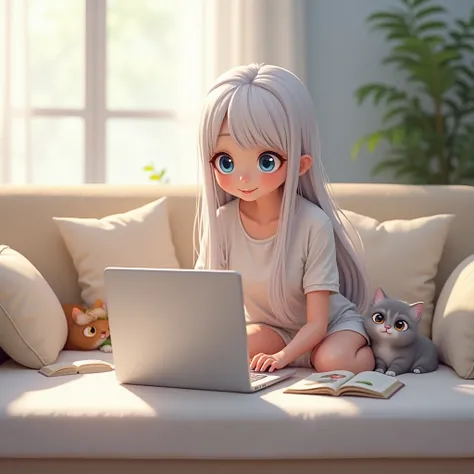  Beautiful Woman, White skin , Long hair , White hair ,  And realistic blue eyes  ,  and doing cute big round eyes  , Being on the couch  ,  playing notebook on the mattress.  ,  and has 2 cats on the couch  , , hes wearing white shorts  ,  pictures have a...