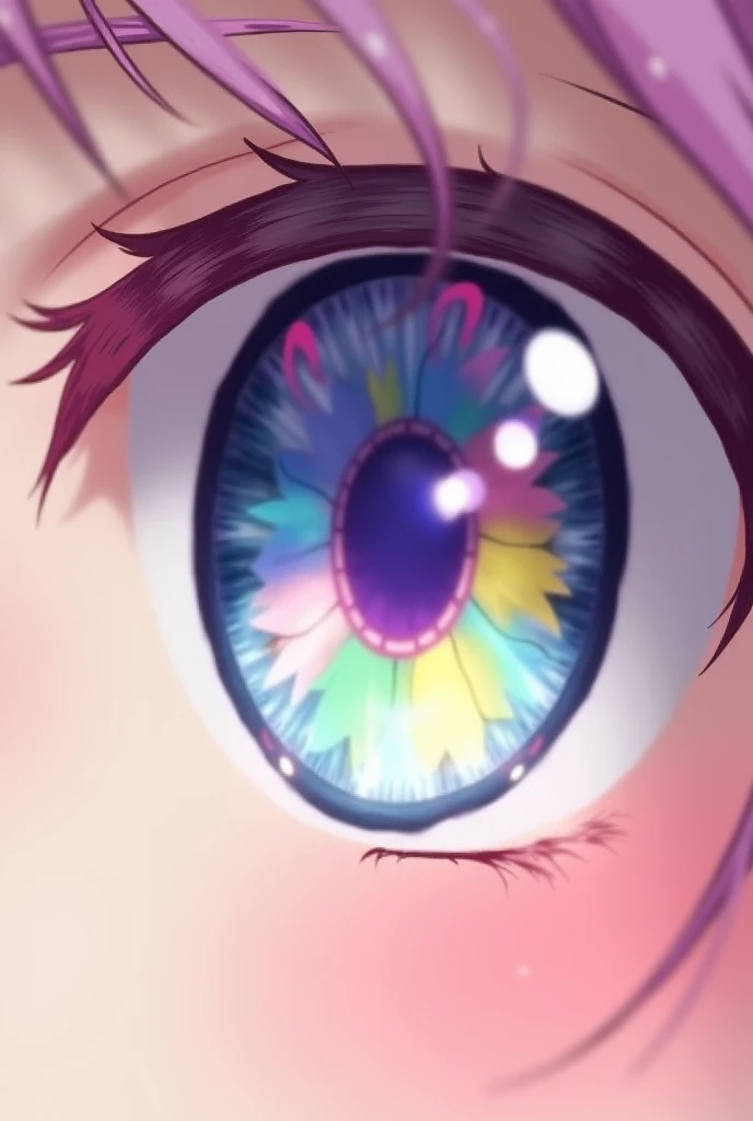 An anime-style eye ,  the surrounding skin is pale ,  the eyelashes are pink and the iris has several pastel colors and some strong tones,  the colors of the iris are blue , purple, yellow, green, orange and pink