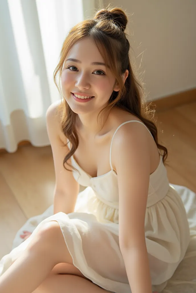 pretty girl 、 sitting on the floor 、 white dress、front、great smile