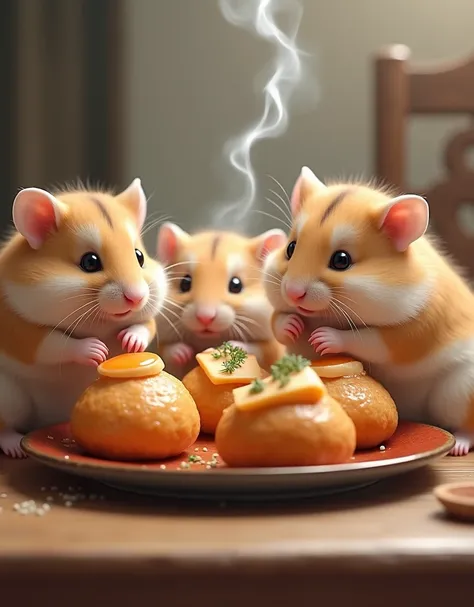 masterpiece, best quality, Photorealistic, realistic, photograph, Hamsters eating takoyaki