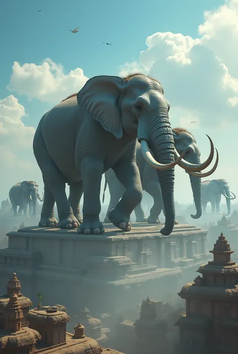 Herd of ancient elephants that come walking in the sky of Hastinapura