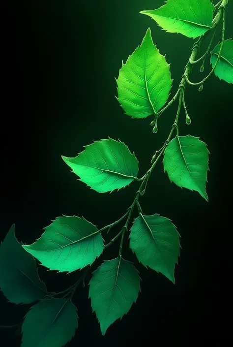 black bakground with neon green leaves surrounding it. Artistic, illustration, gradient, soft.