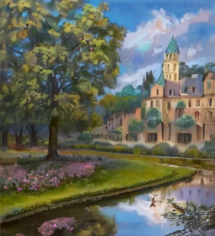 Detailed watercolor landscape painting ,  Pastel Colors , ((Medieval European cities reflected on the surface of the water)),((White Owl，Its perched in a tree))，Zoom up，  Faint Clouds , Warm Sunlight , Mysterious atmosphere,  gentle brush strokes, Dreamlik...