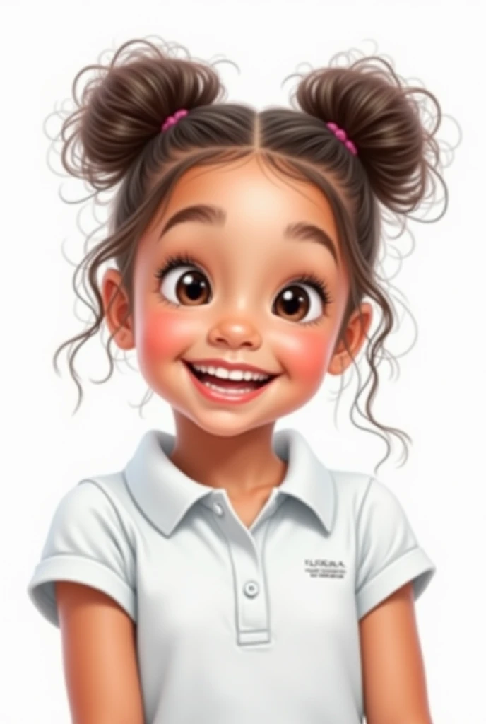 Image of a cheerful girl wearing a white polo shirt and two pigtails 