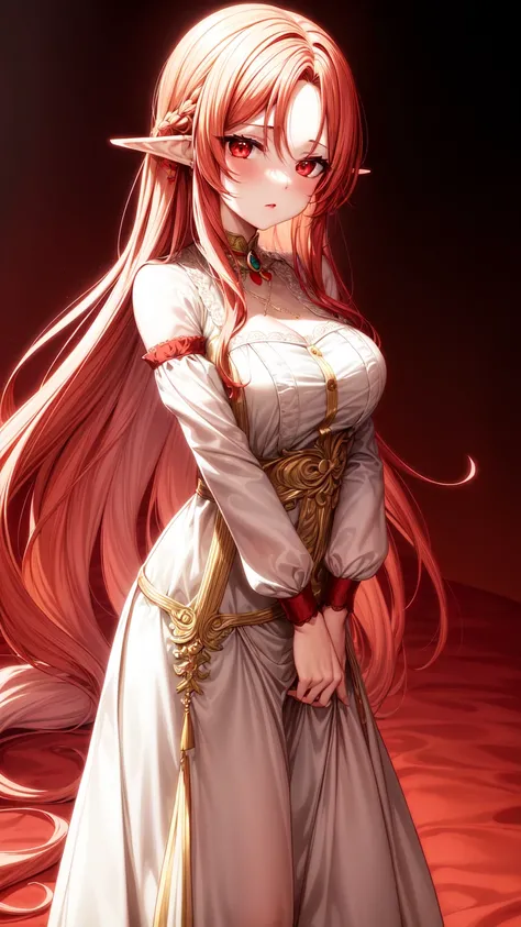 Chica anime,red eyes, red hair ,Elf ears,eleven, white dress ,long skirt,Milf,adult woman, long hair, wavy hair ,beautiful,Seductive face, seductive face ,Dressed like an angel, with gold detail on the waist , with transparent lace sleeves,with gold arrang...