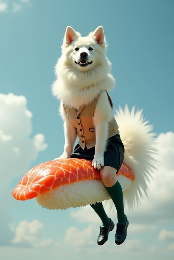 (( best quality)), ((masterpiece)), ((photograph)),  Real female Samoyed wears an off-white collared short-sleeved shirt, a light brown vest with a closed front, a knee-length black skirt, dark green socks, and black shoes、Female Samoyed flying in the sky ...