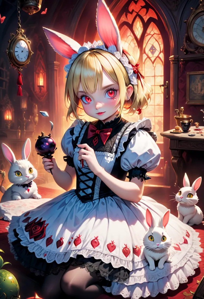 painting of a cat and a rabbit with alice,   from alice's dream trip wonderland  . ， depth of fields, amazing,（（  super detailed...