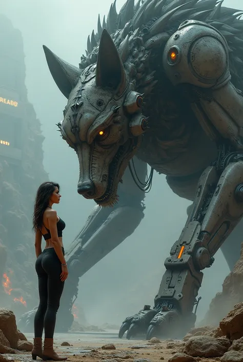 sexy girl ,sexy ass, looking at giant mechanical wolf,detailed
