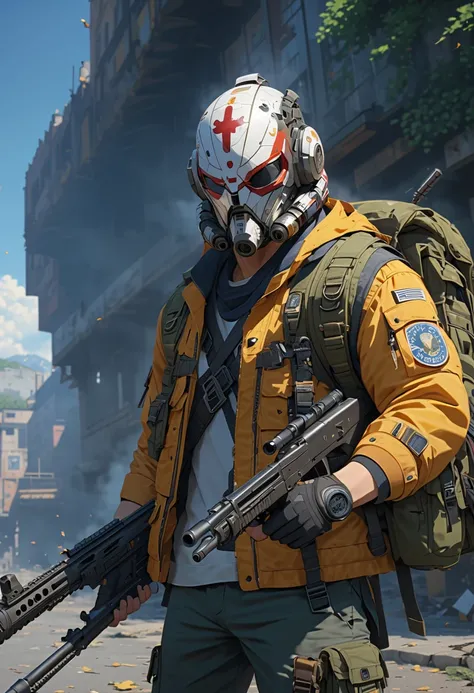 (masterpiece,best quality,higher detailed:1.2),8k,BREAK 1 man,solo,(Piero mask:1.1),battle jacket,backpack,BREAK holding_rifle,BREAK cool atmosphere,BREAK face forcus,cinematic angle,BREAK score_9,score_8_up,score_7_up,source_anime,rating_safety,