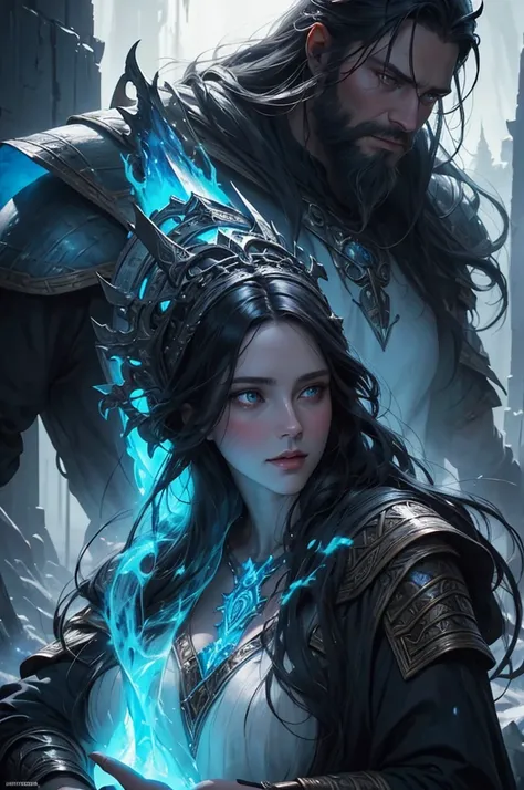 oil painting of dark haired viking sorceress (( volva )) and (( an ancient giant jotunn )); blue light illuminating their eyes, near a fire which illuminates their surroundings. art by Guweiz and Griffiths, atmospheric lighting, beautiful harmony, dim rim ...