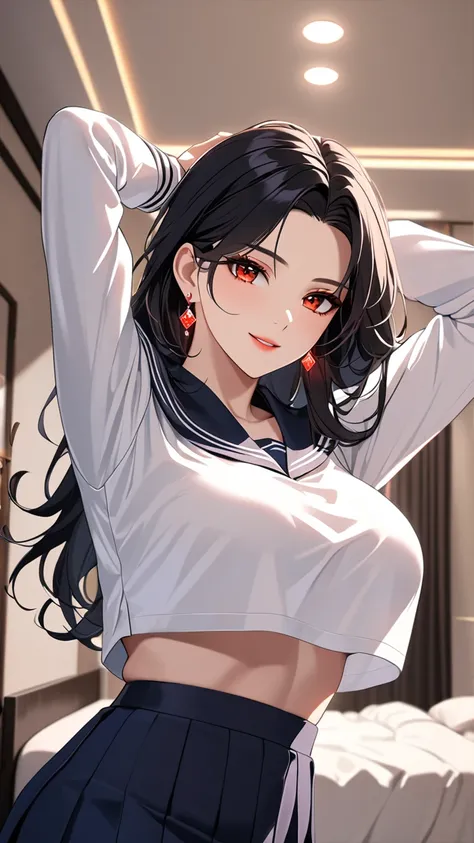 super Highest quality　masterpiece　High resolution　masterpiece,Black hair, Red glowing Eyes, messy  hair, seductive smile, tight, bedroom, mature female, earrings wearing long sleeves sailor uniform, big breast, ultra beautiful, make up, glowing, hand behin...