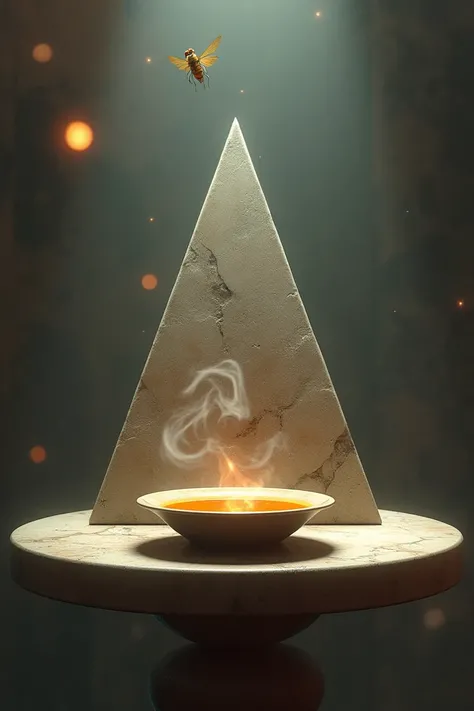 Pyramid table with a plate of soup and a fly flying in the soup