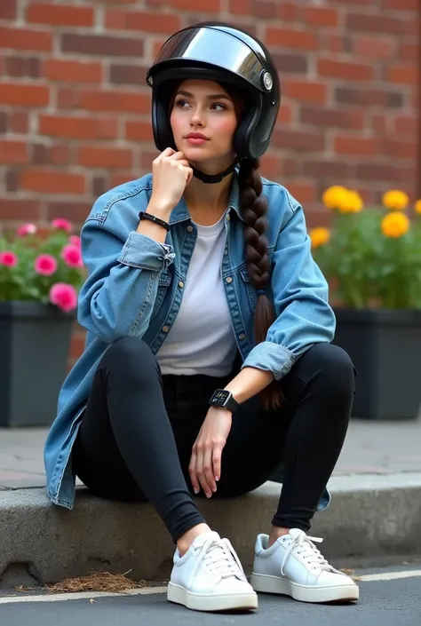  The girl was wearing black Jeans, a blue jean shirt inside white tshirt , white shoes and a black iwatch. She was wearing visor closed helmet. Hairstyle for one French braid in black color. Background for brick wall and some flowers pot. Sit on a  road si...