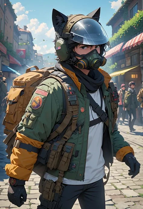 (masterpiece,best quality,higher detailed:1.2),8k,BREAK 1 man,solo,(Piero mask:1.1),cat ears,battle jacket,backpack,BREAK holding_rifle,BREAK cool atmosphere,BREAK face forcus,cinematic angle,BREAK score_9,score_8_up,score_7_up,source_anime,rating_safety,