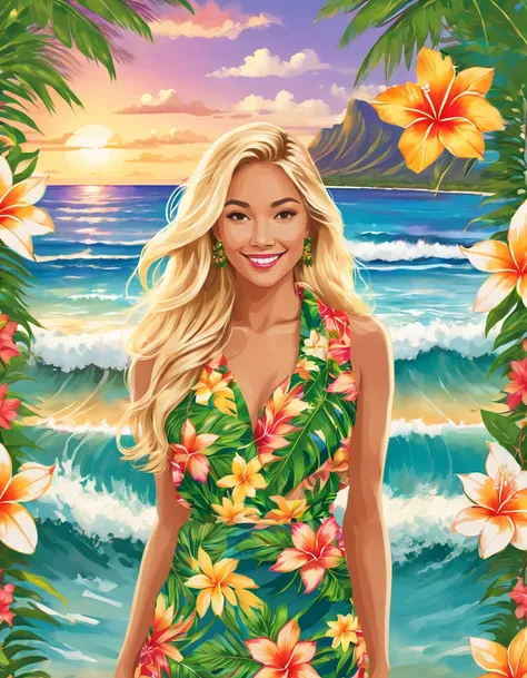 Aloha, Shaka sign, aloha hand sign, image of woman, Very beautiful Blonde woman. Wearing a Hawaiian Ti Leaf Skirt, Hawaiian Lei made from beautiful plants, Hawaiian hair accessories. Flower Decor. Romantic sunset view, Waikiki Beach, Waves crash into the b...