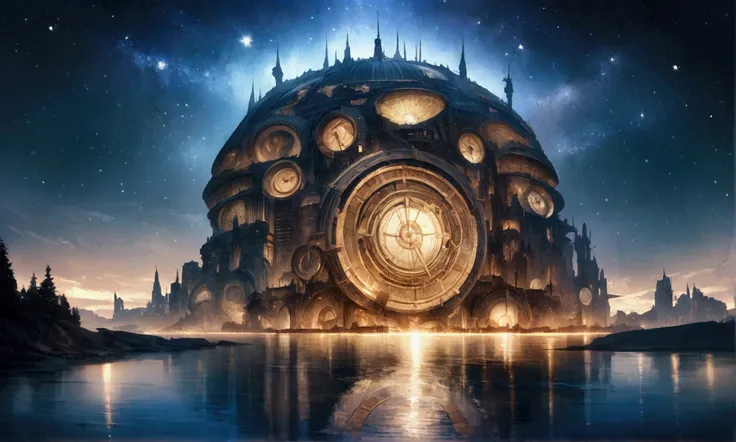 fantastic clockwork city near the sea, it is reflected in all its splendor in the water, starry night, ultra realistic high fantasy
