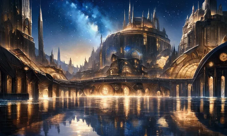 fantastic clockwork city near the sea, it is reflected in all its splendor in the water, starry night, ultra realistic high fantasy
