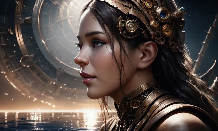 A fantastic clockwork city near the sea, reflected in all its splendor in the water, starry night, ultra-realistic high fantasy, 1 girl, beautiful detailed eyes, beautiful detailed lips, extremely detailed face and features, long eyelashes, elegant dress, ...