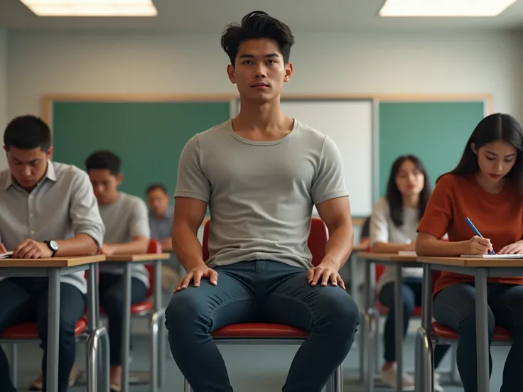 Create a realistic full-body image of a student , moreno, wearing tight pants , man,  in the college classroom,  sitting on a chair and several students sitting in the background