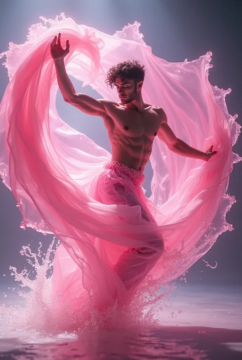 Hyper realistic, Masterpiece, detailed, 8k, potrait of a dancing shirtless young man in pink crystal fabric. The fabric turns into glowing pink ice and water, action shot