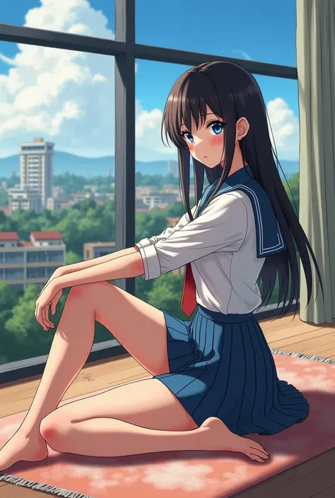 A woman in the room is sitting on a carpet, Paintings inspired by Miu Komatsu, Tumbler, What is it?？,  cute high school girl , a hyper Realistic High School Girls , hyper Realistic High School Girls ,  sitting on the roof of the school, Female student posi...