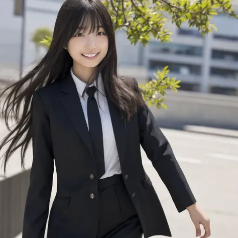  a single Japanese woman with long dark hair ,  wearing a black suit, She is standing confidently in a well-lit area, Realistic Settings. 彼女teethシーンで唯一の人です, There are no other figures or distractions. 彼女teeth豊満な体型で楽しそうに笑っている. シーンteeth自然でリアル, It captures a ...