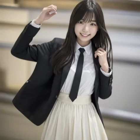  a single Japanese woman with long dark hair ,  wearing a black suit, She is standing confidently in a well-lit area, Realistic Settings. 彼女teethシーンで唯一の人です, There are no other figures or distractions. 彼女teeth豊満な体型で楽しそうに笑っている. シーンteeth自然でリアル, It captures a ...