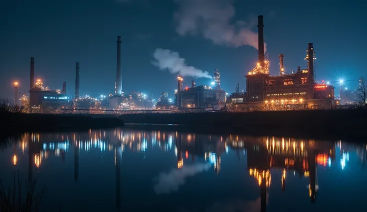 "A nighttime industrial scene with a factory complex beside a perfectly calm, mirror-like body of water. The factory’s intricate structures, towering chimneys, and web of metal pipes are brightly illuminated with warm orange, yellow, and cool blue lights t...