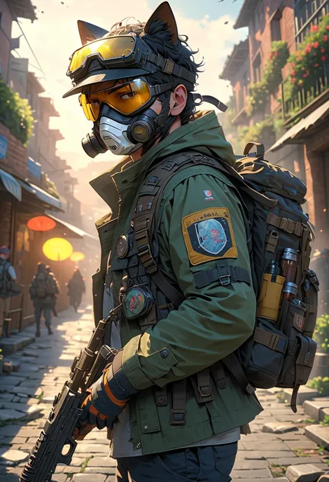 (masterpiece,best quality,higher detailed:1.2),8k,BREAK 1 man,solo,(Piero mask,goggles,cat ears:1.1),battle jacket,backpack,BREAK holding_rifle,BREAK cool atmosphere,BREAK face forcus,cinematic angle,BREAK score_9,score_8_up,score_7_up,source_anime,rating_...