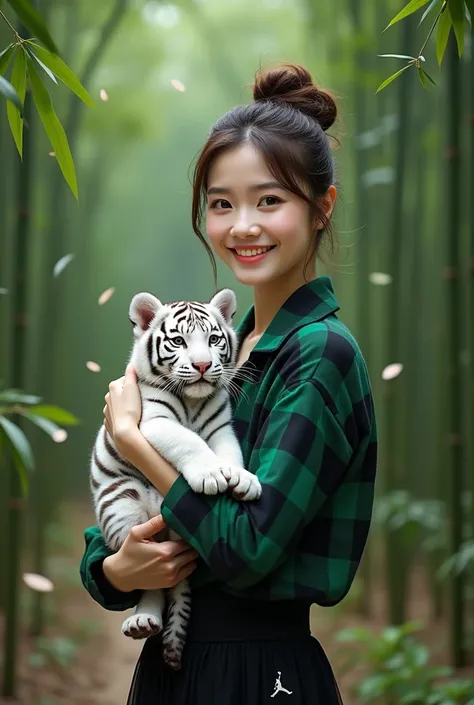 Glamorous shot, beautiful Korean girl with white skin, well-groomed face, hair pulled up in a bun with messy bangs, walking in the bamboo garden, falling bamboo leaf effect, wearing an emerald and black checkered long shirt, holding a fat white tiger cub a...