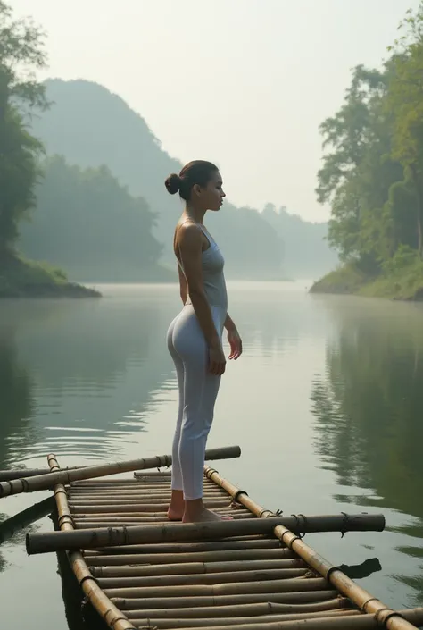 indonesian girl , wearing white  tight yoga outfit ,standing at the bamboo raft , at the misty lake , morning light , realistic , UHD , 8K .