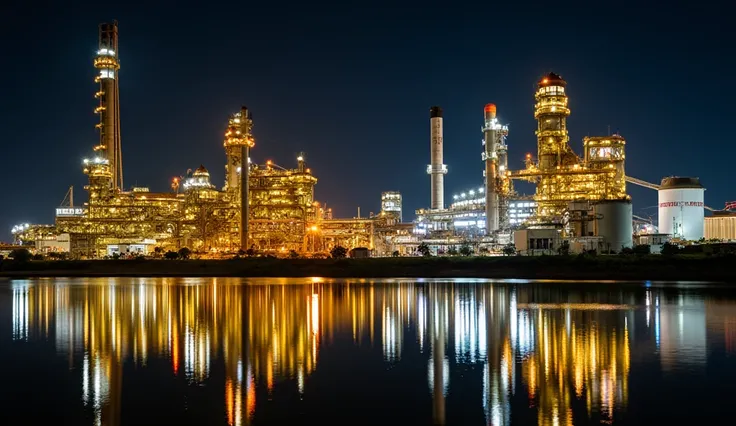 "A brightly lit nighttime industrial scene with a factory complex standing beside a perfectly calm, mirror-like body of water. The factorys structures, tall chimneys, and complex network of pipes are illuminated by vibrant, brilliant lights in shades of wa...