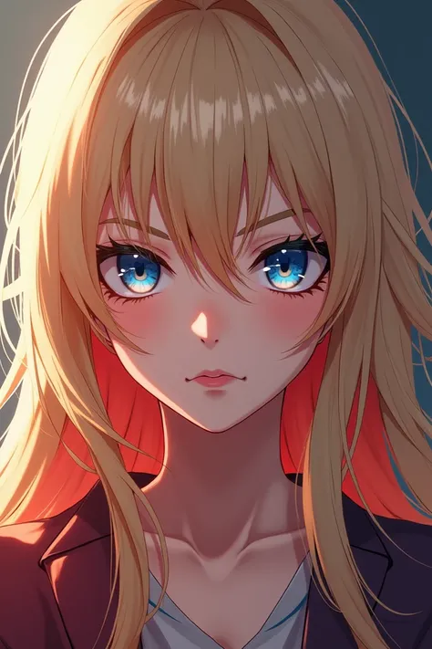 Anime girl with long blonde hair and red highlights, with intense blue eyes 