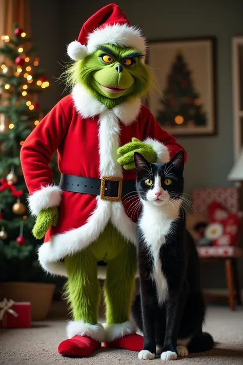 Grinch dressed as Santa Claus full body accompanied by a white-and-black tuxedo cat in a Christmas atmosphere 