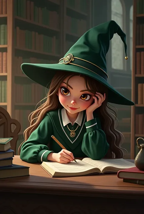 A white-skinned animation type girl,  brown eyes,  long hair, brown and wavy,  dressed in Slytherins Harry Potter uniform.
sitting in the library, One a hand in the hair and the other writing. 