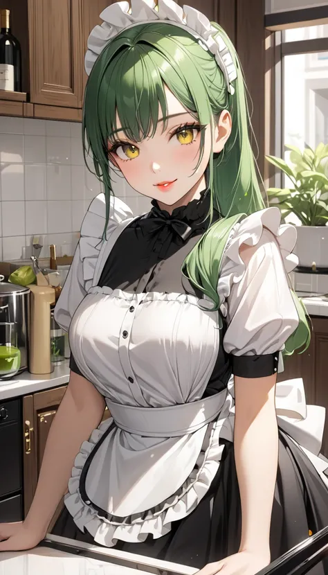 (beautiful and delicate), (immensely beautiful illustration), (best sexy yellow eyes) (beautiful glossy lip), ((beautiful sexy makeup)), (sexy smile), in a Elegant maid clothes, cute skirt, sexy black tights, sexy Thighs, break, (a medium tits age 15 girl ...