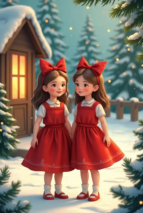 Create a Christmas scene with two  girls wearing red dresses and bows in their hair