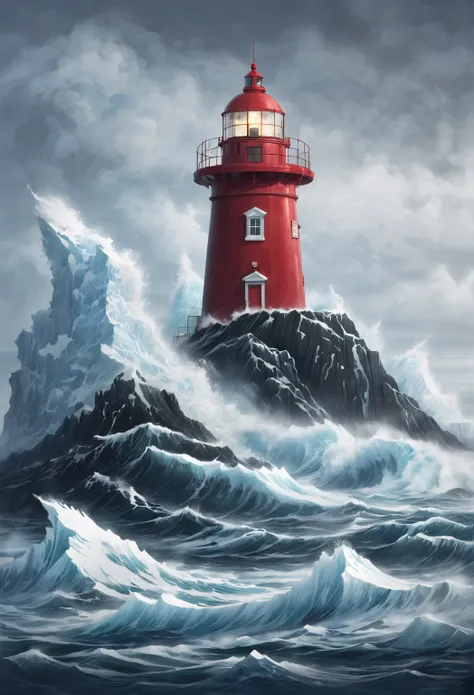 Dramatically draw a small lighthouse that seems to be swallowed up by big waves in the Arctic