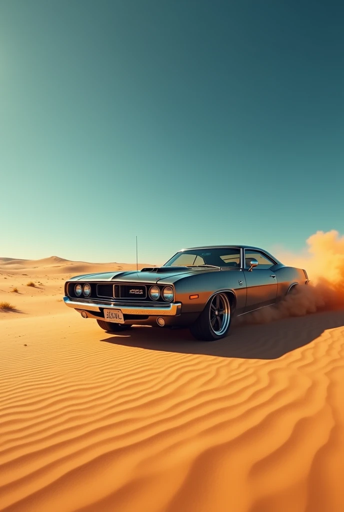 Generate an image of desert sand with an muscels car 