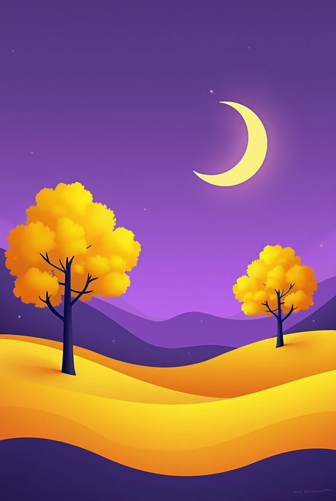 Make me a minimalist landscape with complementary colors yellow and violet ,pure colors. natural landscape with trees and the moon in the sky
