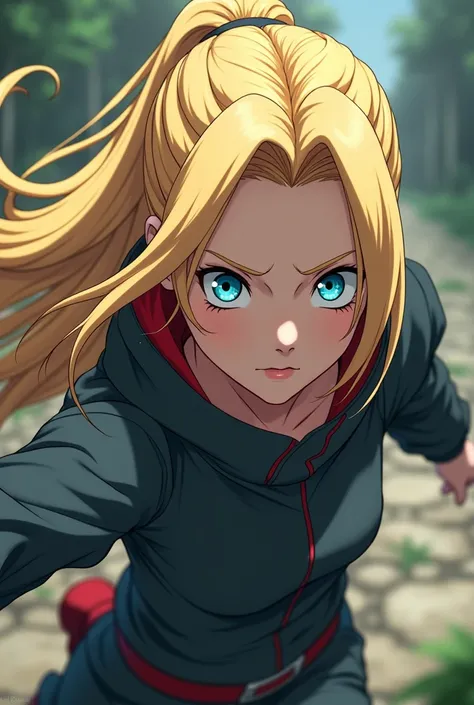 Anime girl with long blonde hair and red highlights, with intense blue eyes , Ninja in Naruto