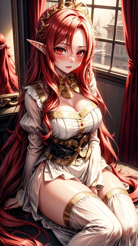 Chica anime,red eyes, red hair ,Elf ears,eleven, white dress ,long skirt,Milf,adult woman, long hair, wavy hair ,beautiful,Seductive face, seductive face ,Dressed like an angel, with gold detail on the waist , with transparent lace sleeves,with gold arrang...